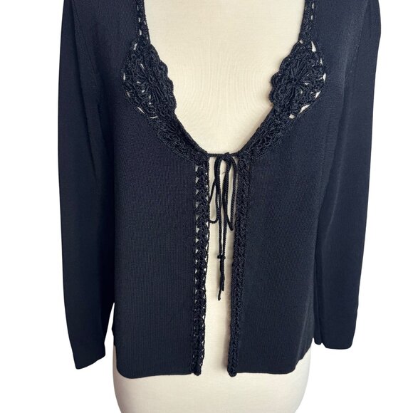 Vintage Talbots Black Tie‎ Front Cardigan - Crochet Trim Slinky Oversized Small - Picture 4 of 9